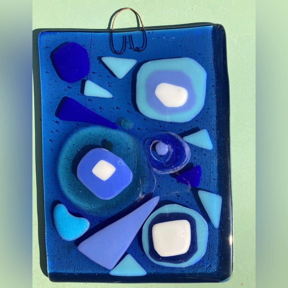 Greek Inspired Fused Art Glass Hanging Plaque 8”x6” Greek Design Blue Glass
